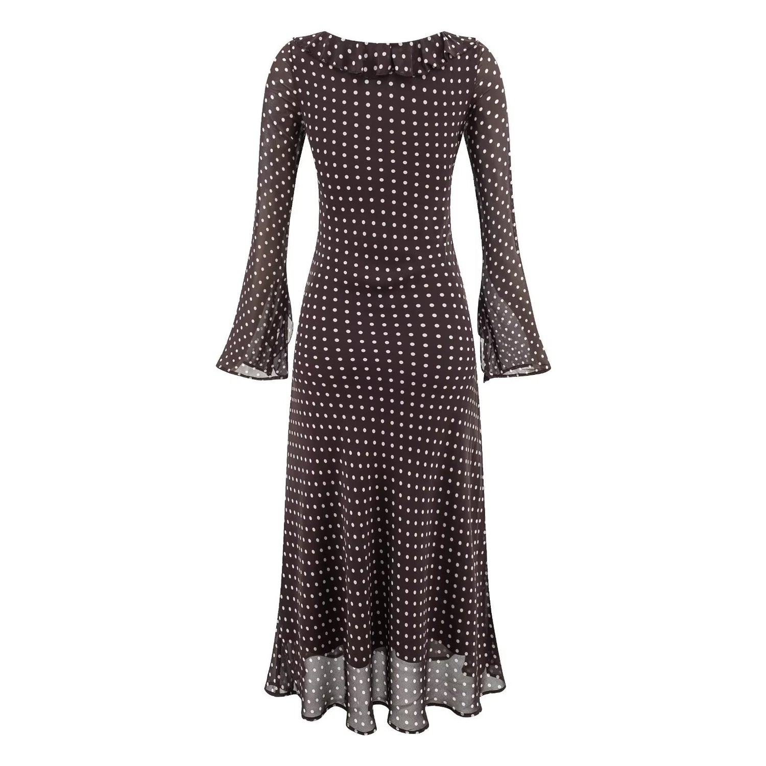 High Grade Polka Dot Printing Collared Lace up Split Cuff Dress Autumn Tight Waist Slim Fit Maxi Dress by Ragazza