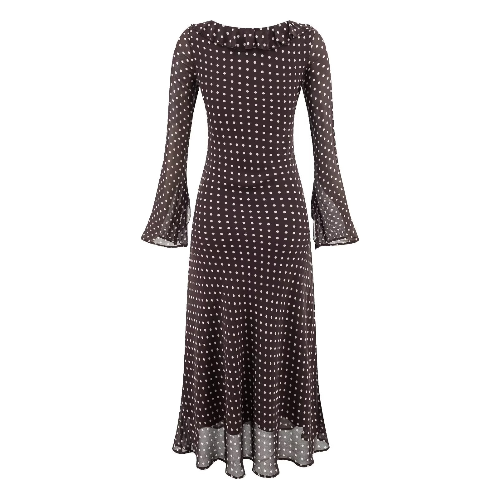 High Grade Polka Dot Printing Collared Lace up Split Cuff Dress Autumn Tight Waist Slim Fit Maxi Dress by Ragazza