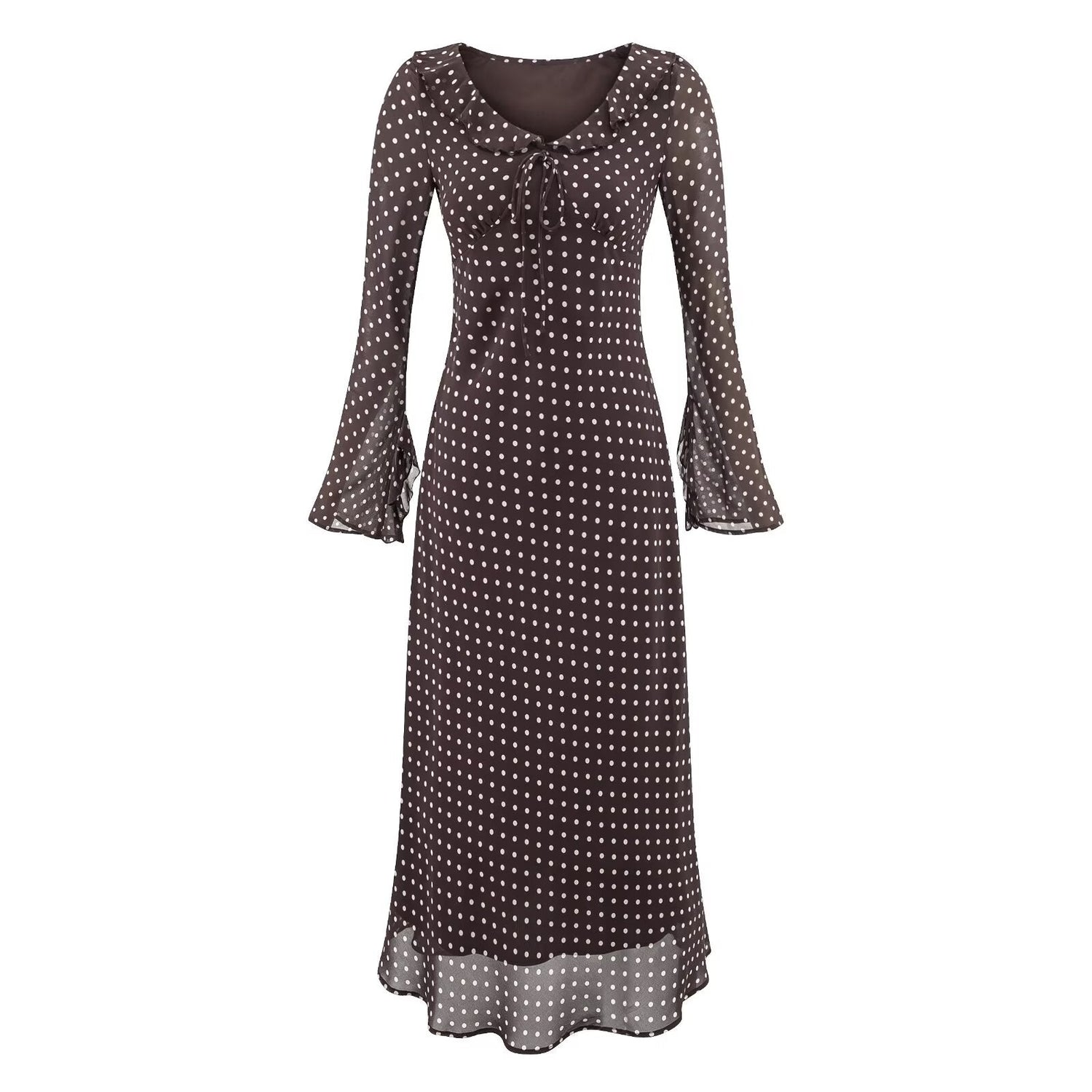 High Grade Polka Dot Printing Collared Lace up Split Cuff Dress Autumn Tight Waist Slim Fit Maxi Dress by Ragazza