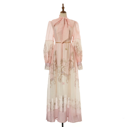 Women Loose Fitting V Neck Lantern Shaped Long Sleeved Wide Skirted Printed Dress by Ragazza