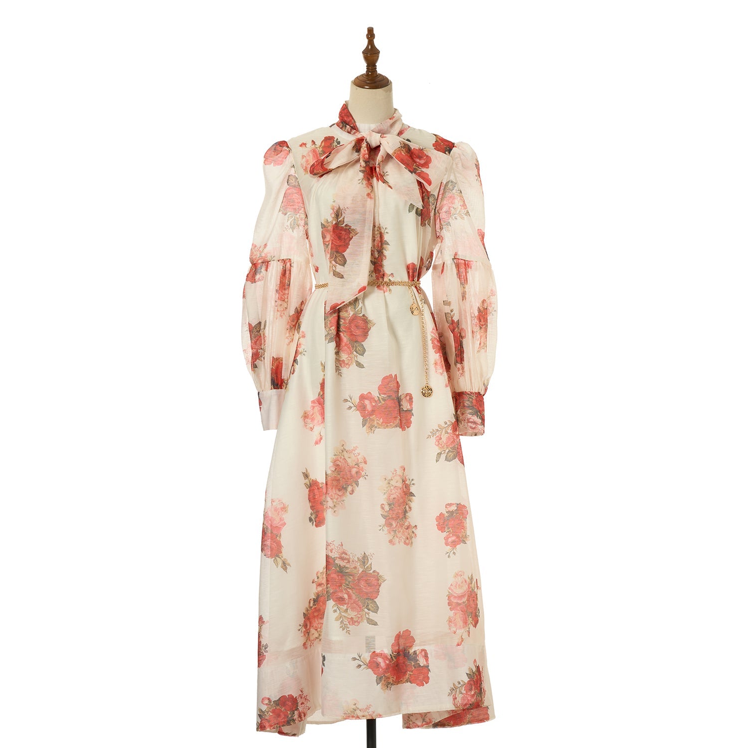 Women Loose Fitting V Neck Lantern Shaped Long Sleeved Wide Skirted Printed Dress by Ragazza