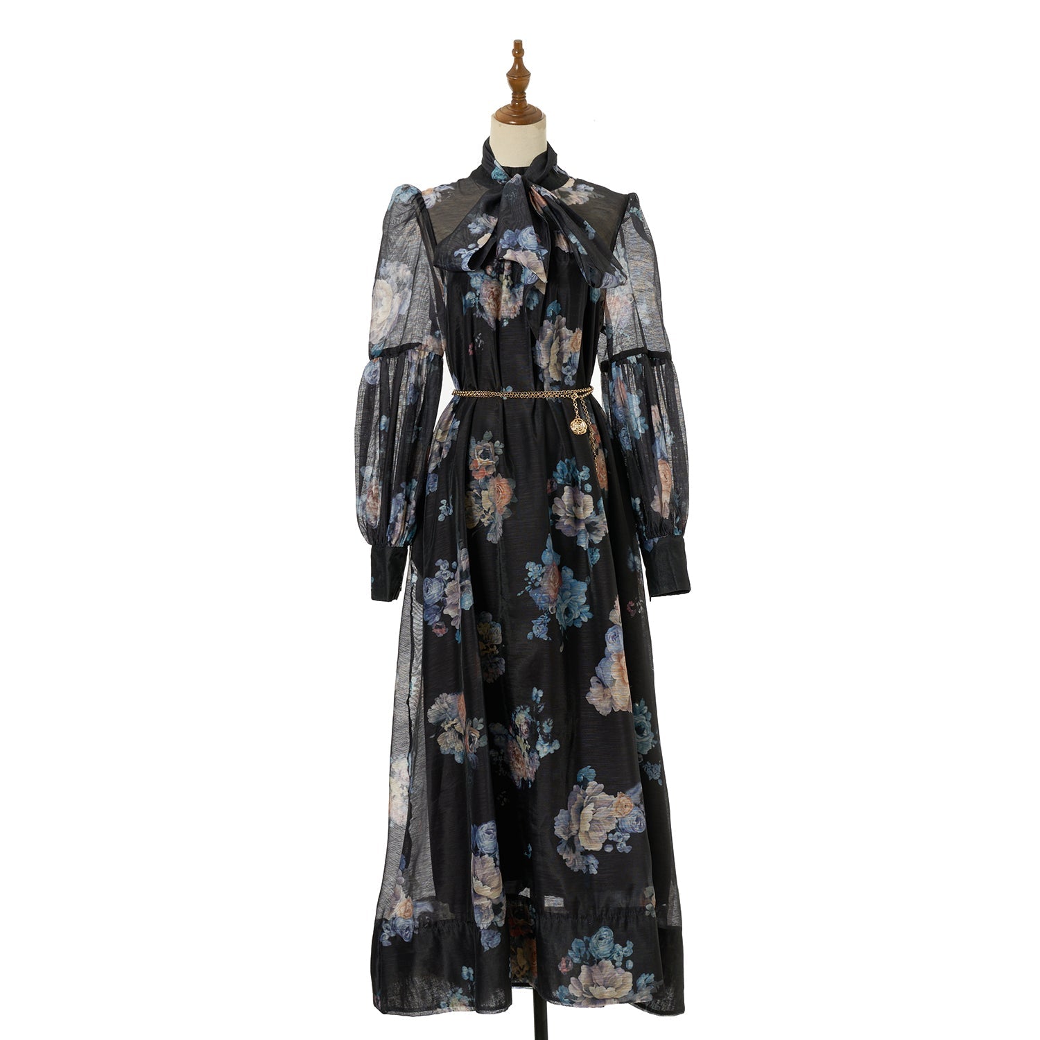 Women Loose Fitting V Neck Lantern Shaped Long Sleeved Wide Skirted Printed Dress by Ragazza