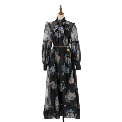 Women Loose Fitting V Neck Lantern Shaped Long Sleeved Wide Skirted Printed Dress by Ragazza