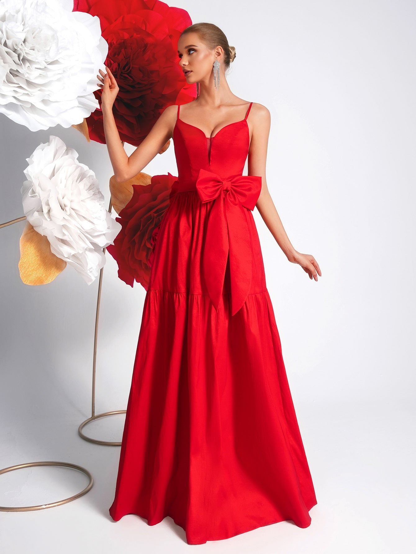 Big Bowknot Red Slip Dress Deep V Plunge Waist Tight Socialite Light Luxury Cocktail Party Evening Dress by Ragazza