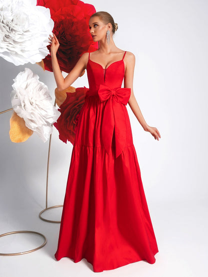 Big Bowknot Red Slip Dress Deep V Plunge Waist Tight Socialite Light Luxury Cocktail Party Evening Dress by Ragazza