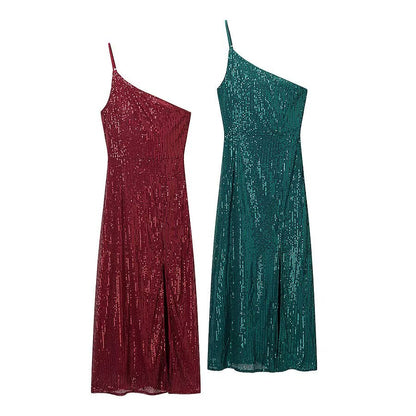 Winter Sexy Wind Shoulder Single Shoulder Suspender Split Dress by Ragazza
