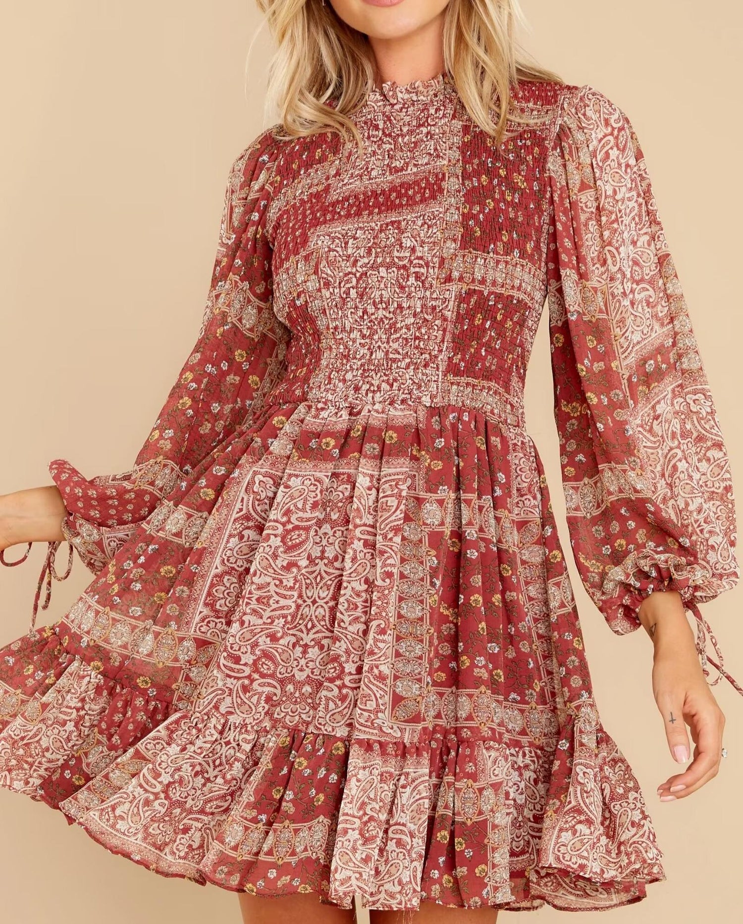 Women Clothing Western Imitation Bow Tie Cuff Patchwork Printed Dress by Ragazza