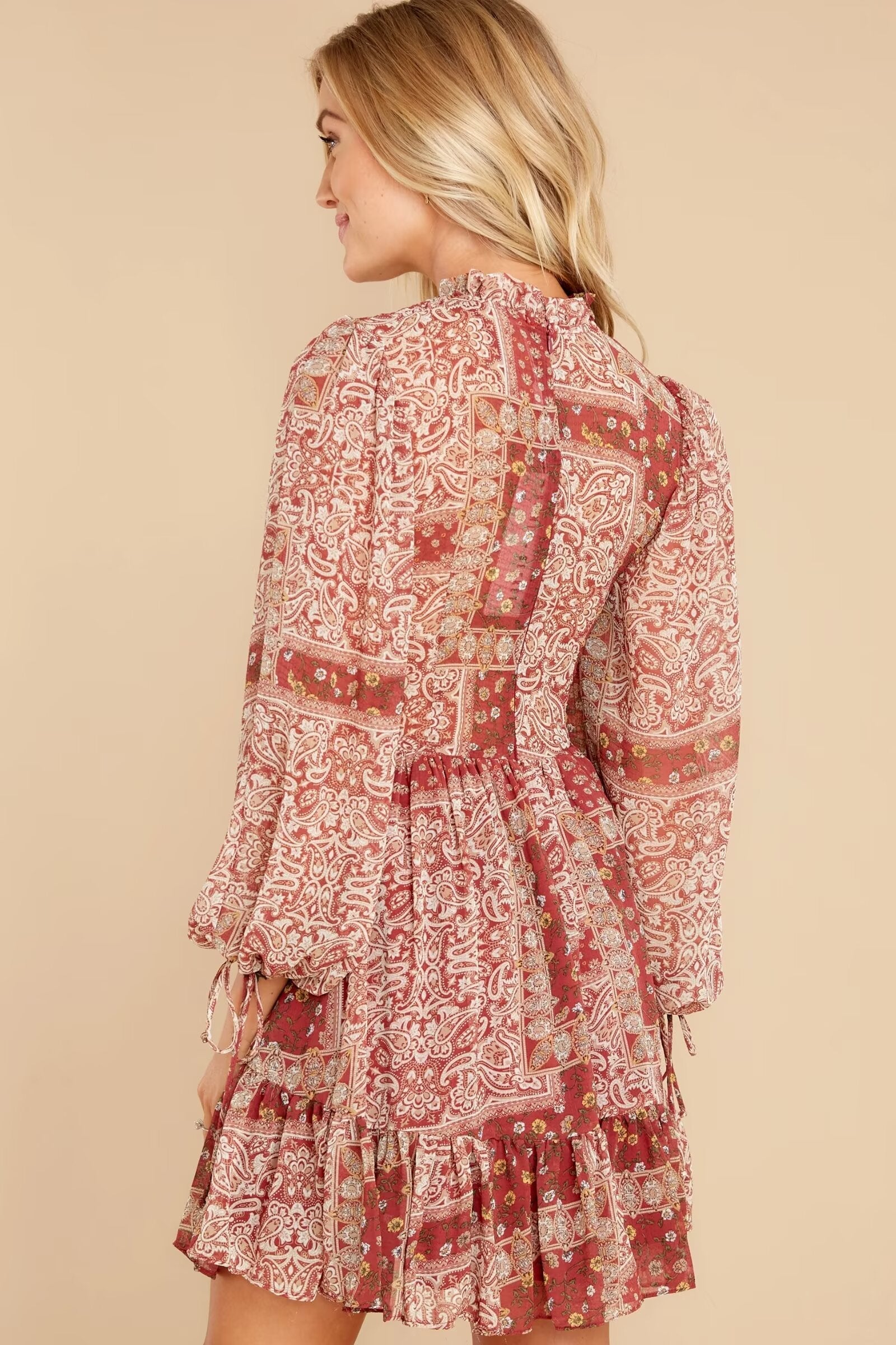 Women Clothing Western Imitation Bow Tie Cuff Patchwork Printed Dress by Ragazza