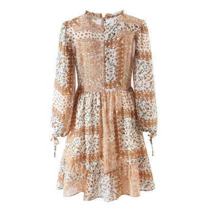 Women Clothing Western Imitation Bow Tie Cuff Patchwork Printed Dress by Ragazza