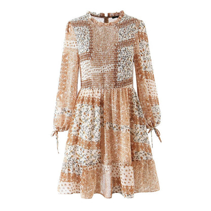 Women Clothing Western Imitation Bow Tie Cuff Patchwork Printed Dress by Ragazza