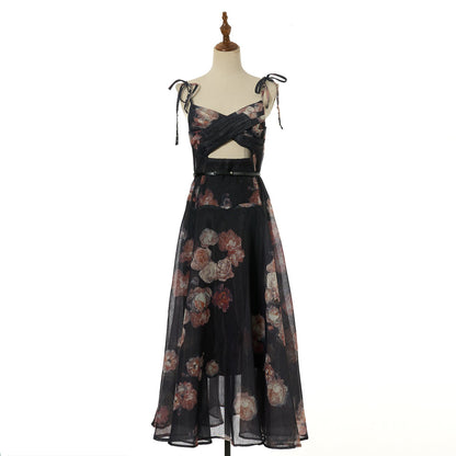 Women Vacation Silk Corded Halter Top With Openwork Design Long Dress Featuring Large Diamond Embellishments by Ragazza