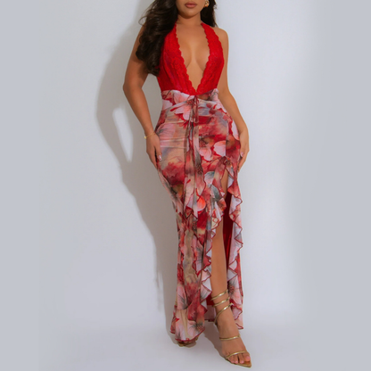 Women Wear Sexy Deep V Plunge Halter Slim Fit Printed Dress