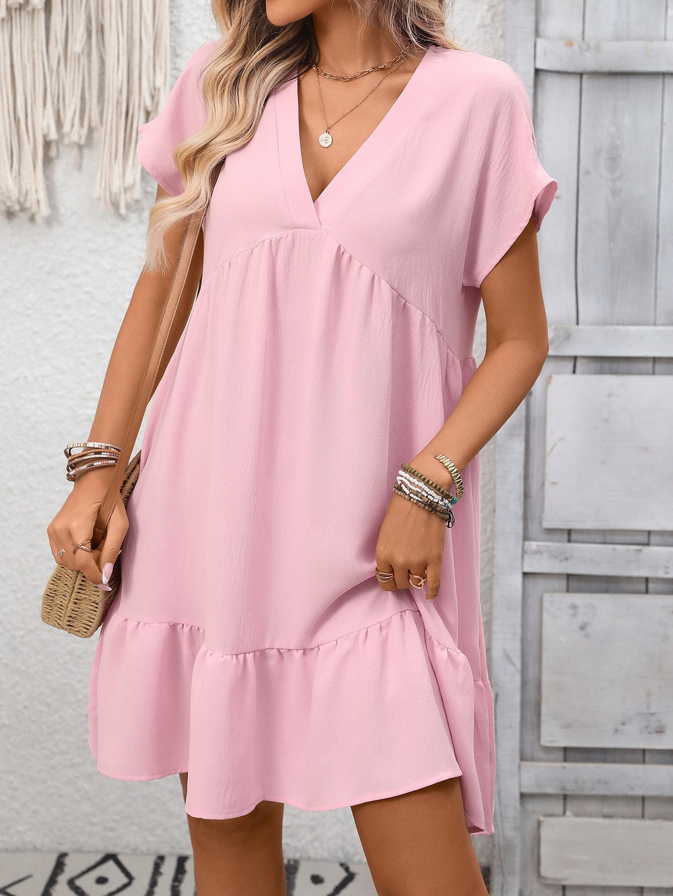 Summer Women Clothing Ruffled V neck Solid Color Holiday Dress by Ragazza