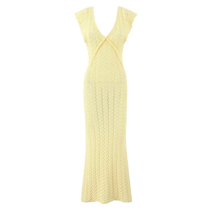 V neck Vintage Crocheted Knitted Dress Slimming Design Waist Tight Elegant Pure French Maxi Dress by Ragazza