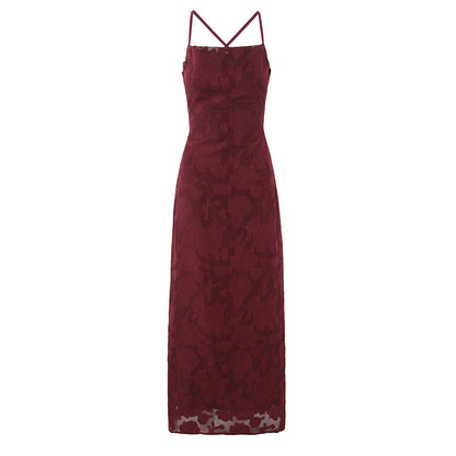 Off Shoulder Fitted Waist Backless Lace up Strap Dress Women Retro Elegant Jacquard French Maxi Dress by Ragazza