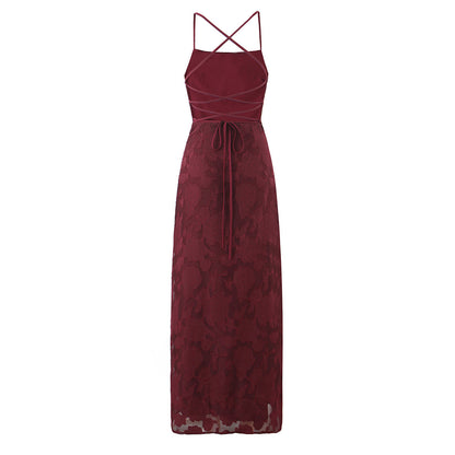 Off Shoulder Fitted Waist Backless Lace up Strap Dress Women Retro Elegant Jacquard French Maxi Dress by Ragazza