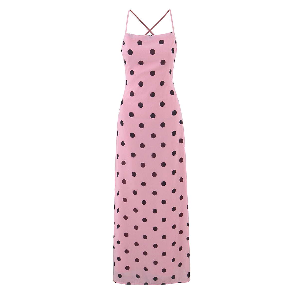 Gentle Elegant Pink Polka Dot Brace Dress Women Vintage Backless Lace up Design Tight Waist Maxi Dress by Ragazza