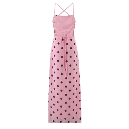 Gentle Elegant Pink Polka Dot Brace Dress Women Vintage Backless Lace up Design Tight Waist Maxi Dress by Ragazza