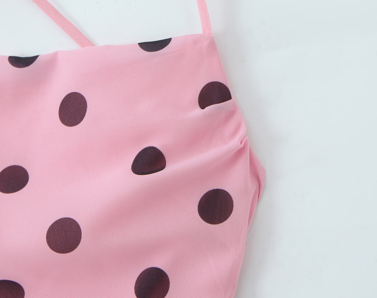 Gentle Elegant Pink Polka Dot Brace Dress Women Vintage Backless Lace up Design Tight Waist Maxi Dress by Ragazza
