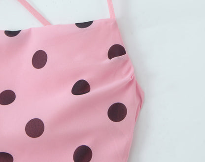 Gentle Elegant Pink Polka Dot Brace Dress Women Vintage Backless Lace up Design Tight Waist Maxi Dress by Ragazza