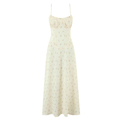 Women Clothing French Yellow Floral Drawstring Strap Dress Summer Sweet Slim Fit Vacation Beautiful Dress by Ragazza
