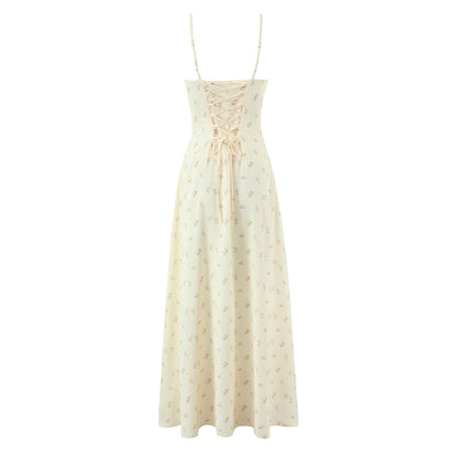 Women Clothing French Yellow Floral Drawstring Strap Dress Summer Sweet Slim Fit Vacation Beautiful Dress by Ragazza