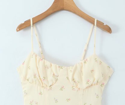 Women Clothing French Yellow Floral Drawstring Strap Dress Summer Sweet Slim Fit Vacation Beautiful Dress by Ragazza