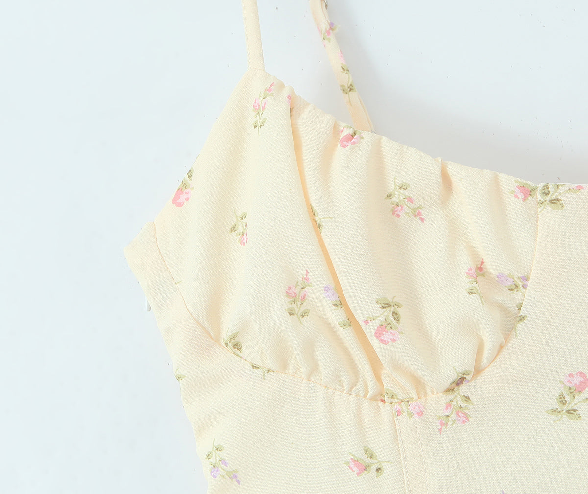 Women Clothing French Yellow Floral Drawstring Strap Dress Summer Sweet Slim Fit Vacation Beautiful Dress by Ragazza