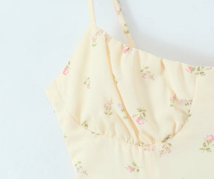 Women Clothing French Yellow Floral Drawstring Strap Dress Summer Sweet Slim Fit Vacation Beautiful Dress by Ragazza
