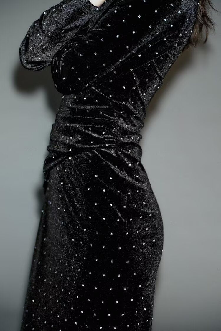 Women Clothing Autumn Bright Beaded Velvet Midi Dress by Ragazza