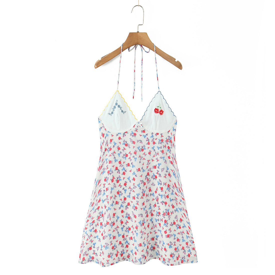 Sexy French Sweet Embroidered Printed V neck Halter Dress Women Summer Seaside Vacation Casual Cami Dress by Ragazza