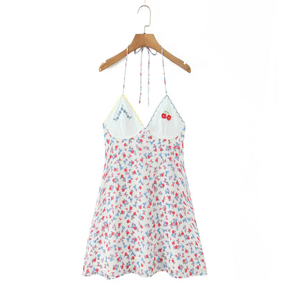 Sexy French Sweet Embroidered Printed V neck Halter Dress Women Summer Seaside Vacation Casual Cami Dress by Ragazza