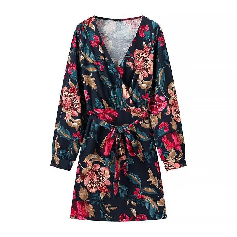 Autumn Winter All Match Printed Dress Deep V Plunge neck Long Sleeve Printed Tape Belt Dress by Ragazza