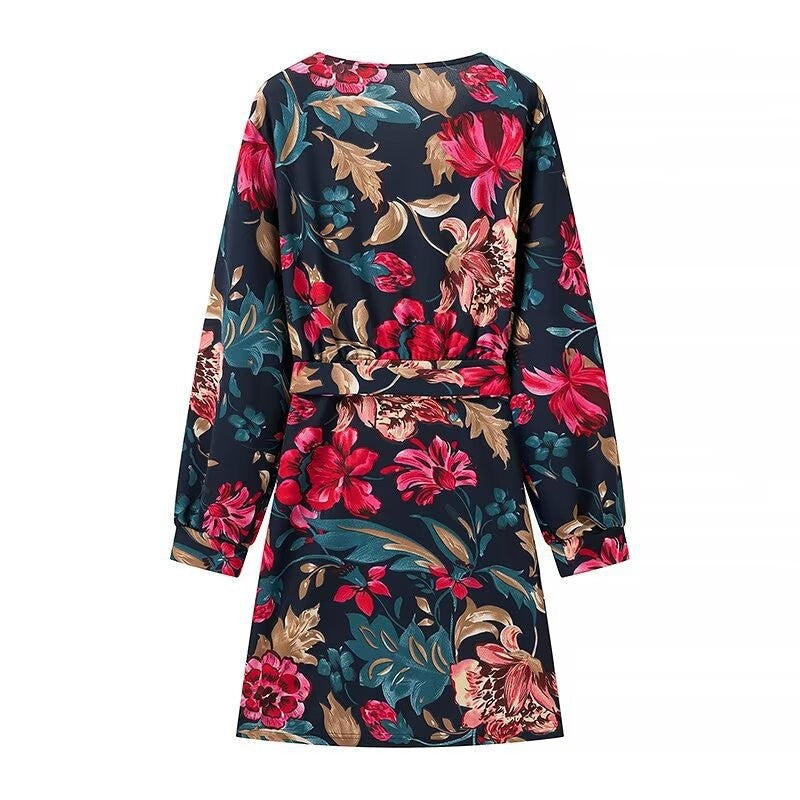 Autumn Winter All Match Printed Dress Deep V Plunge neck Long Sleeve Printed Tape Belt Dress by Ragazza