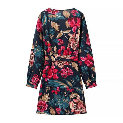 Autumn Winter All Match Printed Dress Deep V Plunge neck Long Sleeve Printed Tape Belt Dress by Ragazza