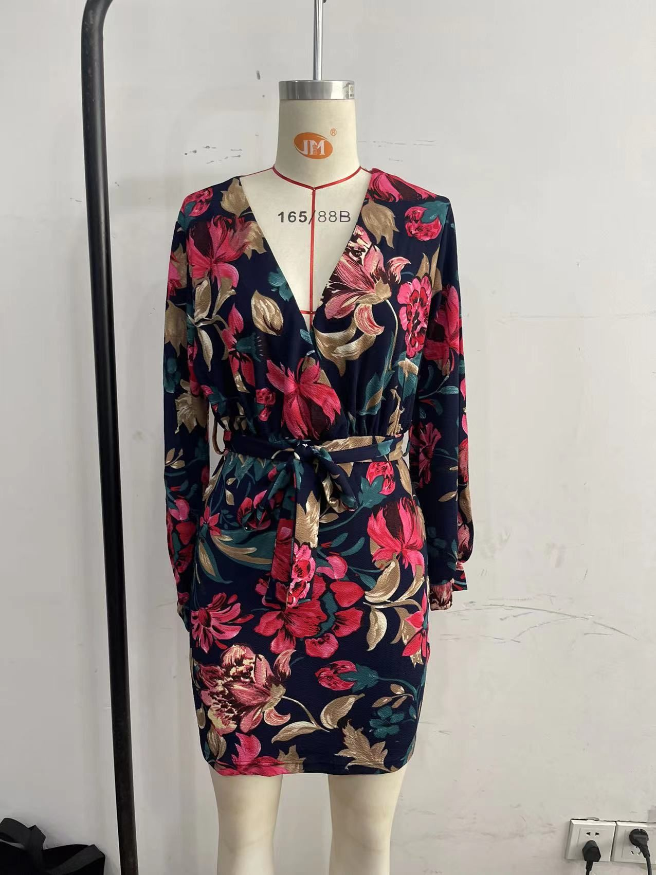 Autumn Winter All Match Printed Dress Deep V Plunge neck Long Sleeve Printed Tape Belt Dress by Ragazza
