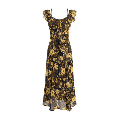 Vintage Floral Ruffled Stitching Elegant Dress Summer Tight Waist Slim Fit Seaside Holiday Midi Dress Women by Ragazza