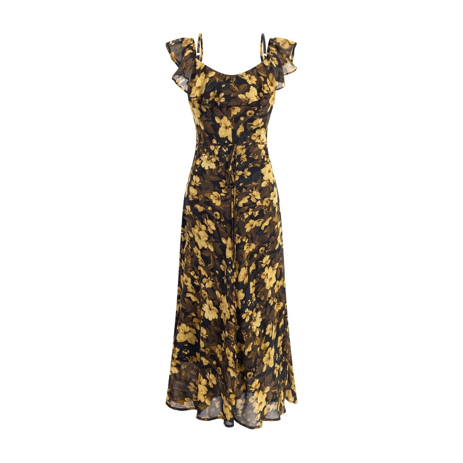Vintage Floral Ruffled Stitching Elegant Dress Summer Tight Waist Slim Fit Seaside Holiday Midi Dress Women by Ragazza