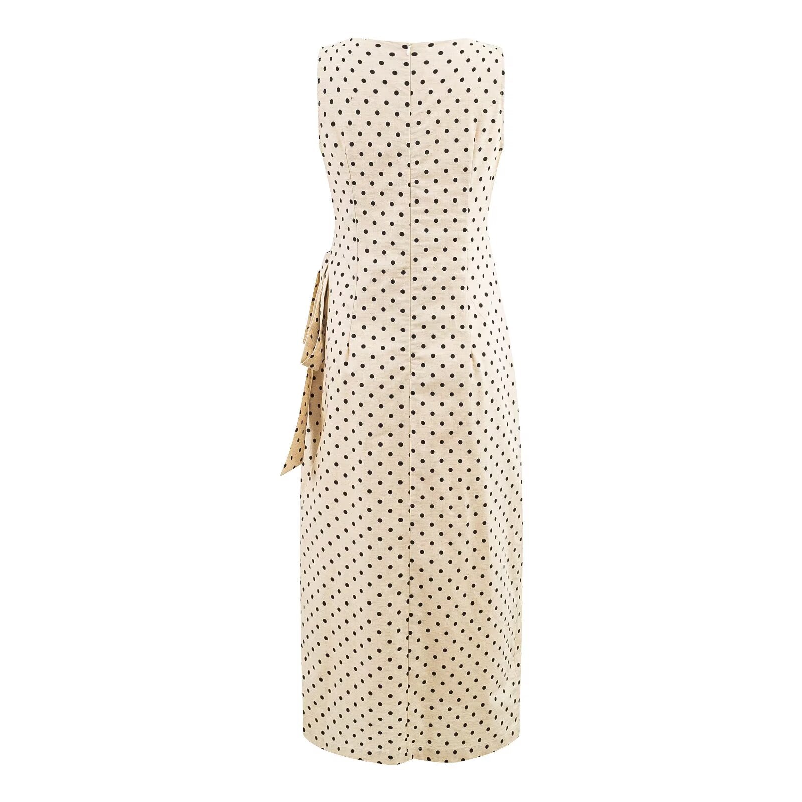 Polka Dot Design Pleated Waist Tight Lace up Side Slit round Neck Sleeveless Dress Women Slim Fit Maxi Dress by Ragazza