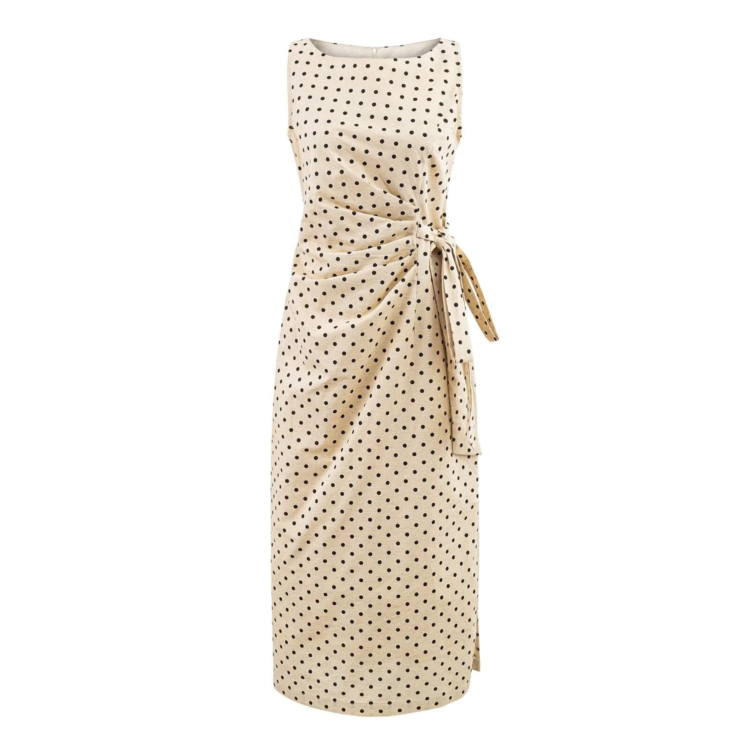 Polka Dot Design Pleated Waist Tight Lace up Side Slit round Neck Sleeveless Dress Women Slim Fit Maxi Dress by Ragazza