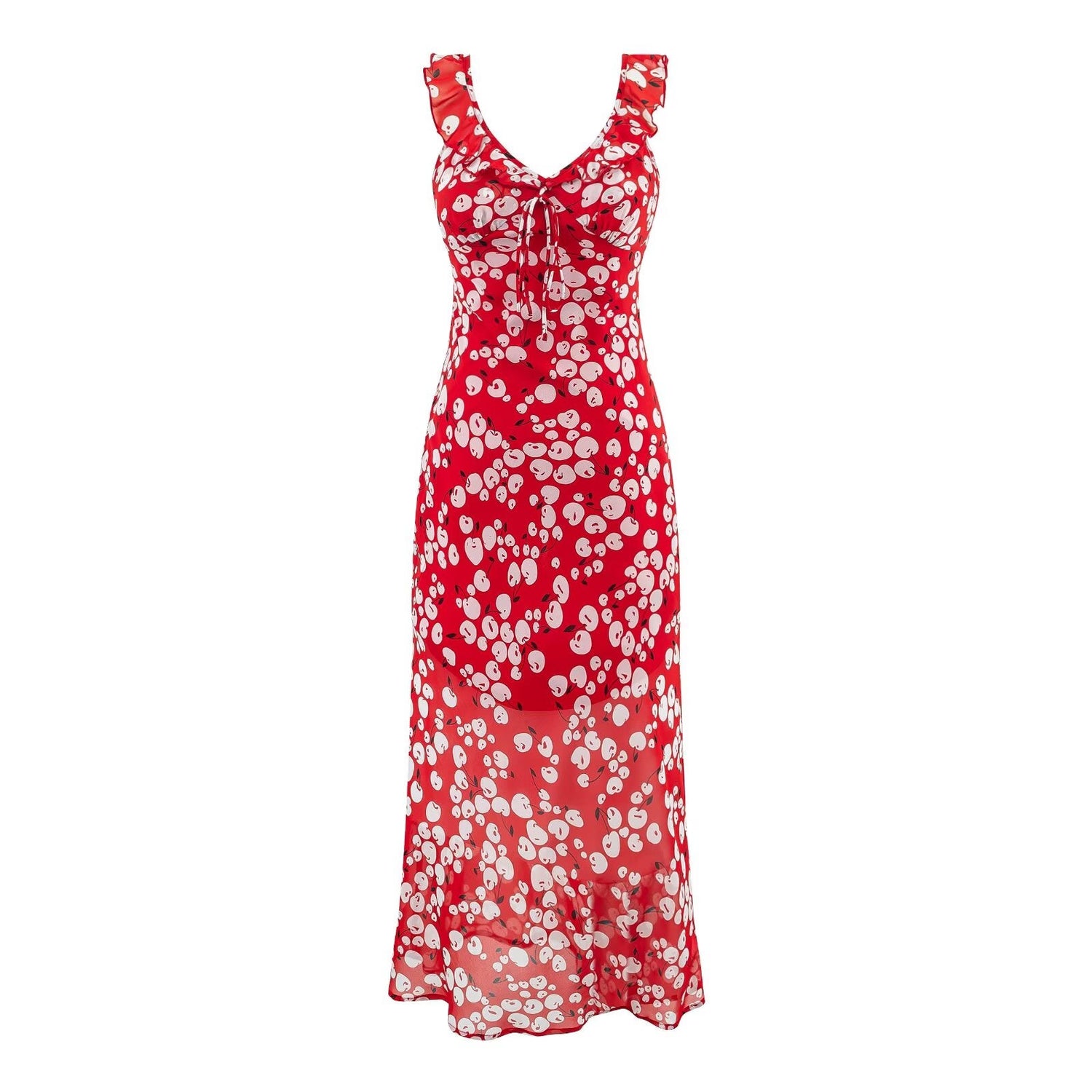 Spring Slim Fit Deep V Plunge neck Flounce Floral Red Background Waist Trimming Spaghetti Straps Maxi Dress Exposed Cropped by Ragazza