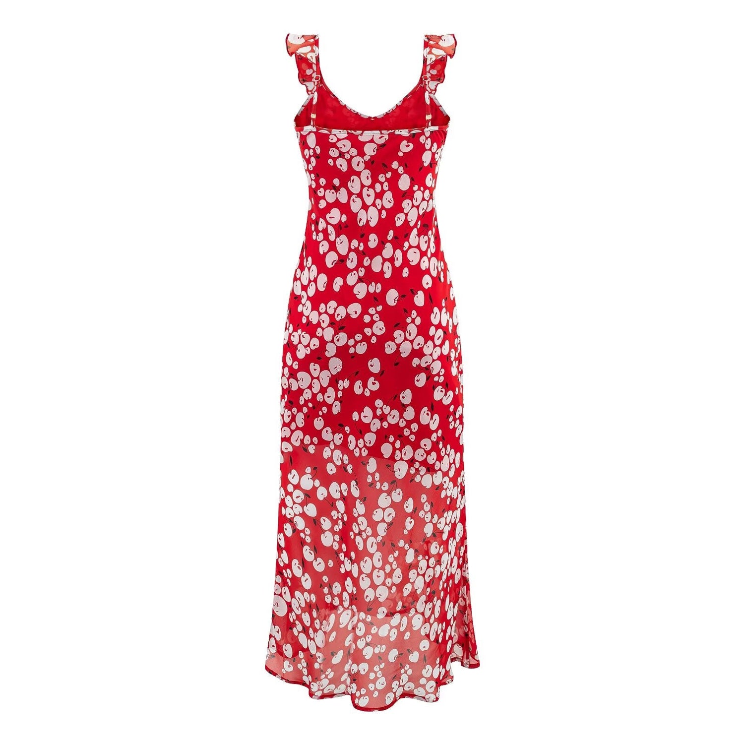 Spring Slim Fit Deep V Plunge neck Flounce Floral Red Background Waist Trimming Spaghetti Straps Maxi Dress Exposed Cropped by Ragazza