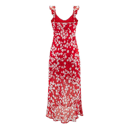 Spring Slim Fit Deep V Plunge neck Flounce Floral Red Background Waist Trimming Spaghetti Straps Maxi Dress Exposed Cropped by Ragazza