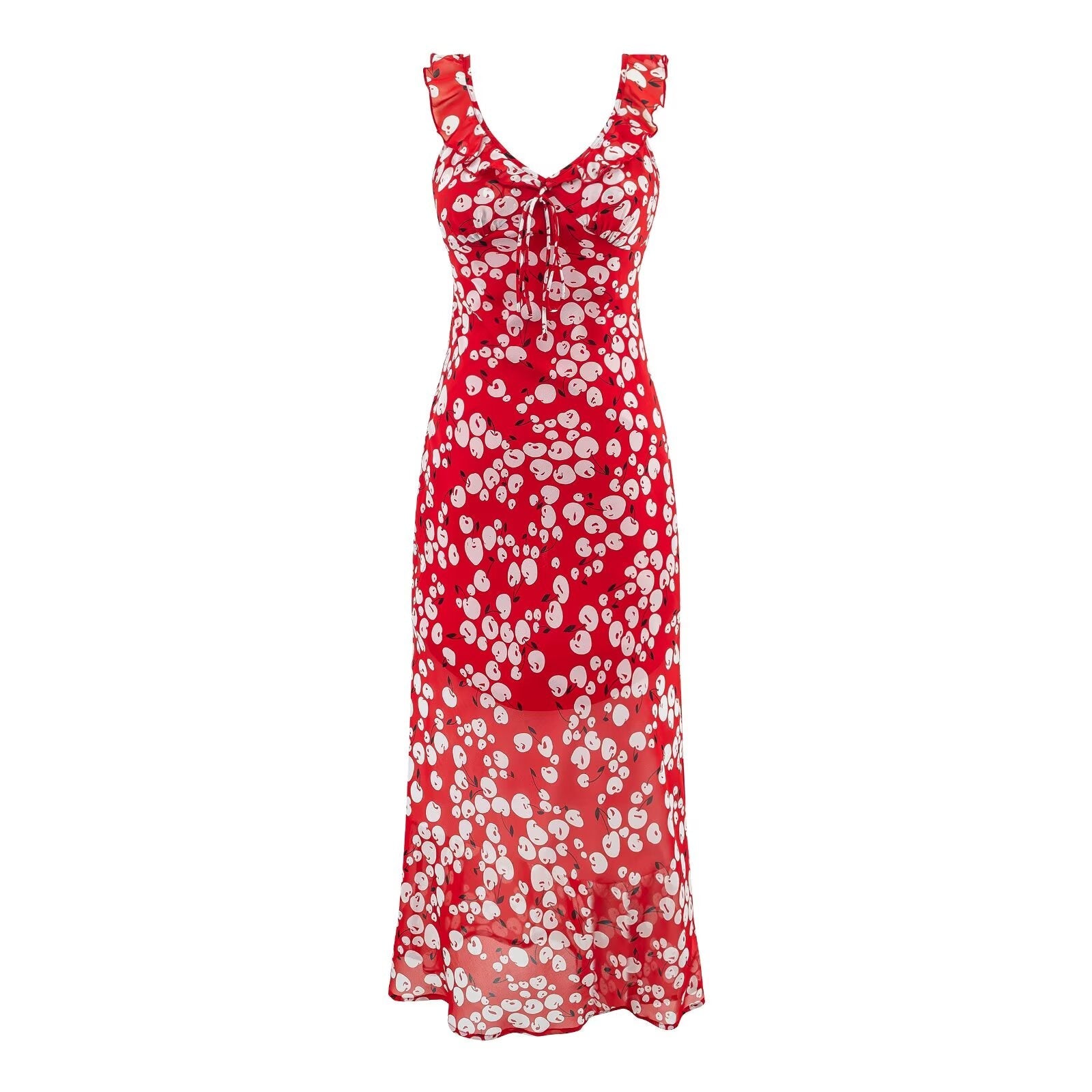 Spring Slim Fit Deep V Plunge neck Flounce Floral Red Background Waist Trimming Spaghetti Straps Maxi Dress Exposed Cropped by Ragazza