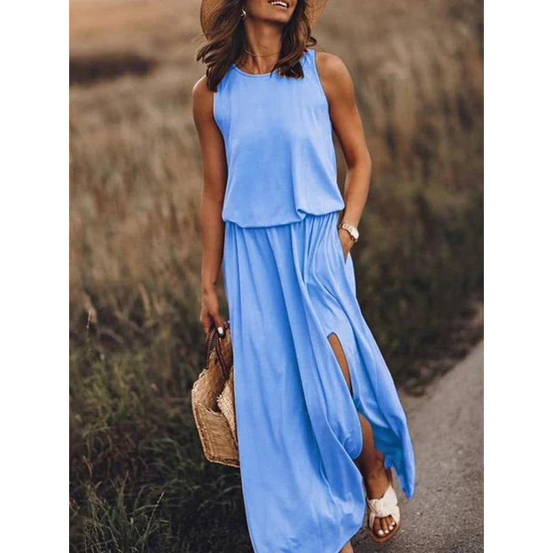 Spring Summer Women Clothing round Neck Sleeveless Dress Split Solid Color Casual Office Dress by Ragazza