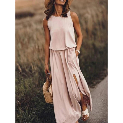Spring Summer Women Clothing round Neck Sleeveless Dress Split Solid Color Casual Office Dress by Ragazza
