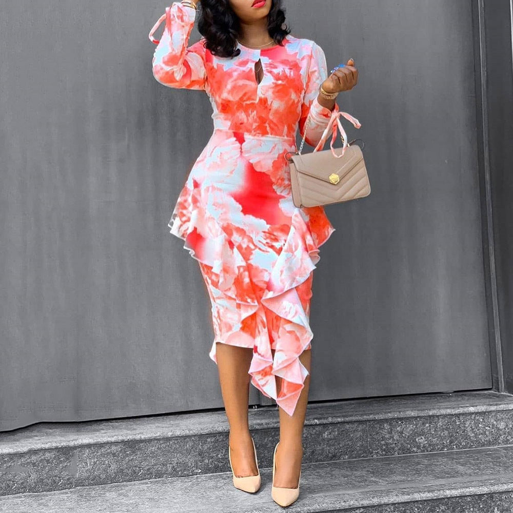 Autumn Winter Office Printed Ruffled Sheath One Step Dress by Ragazza