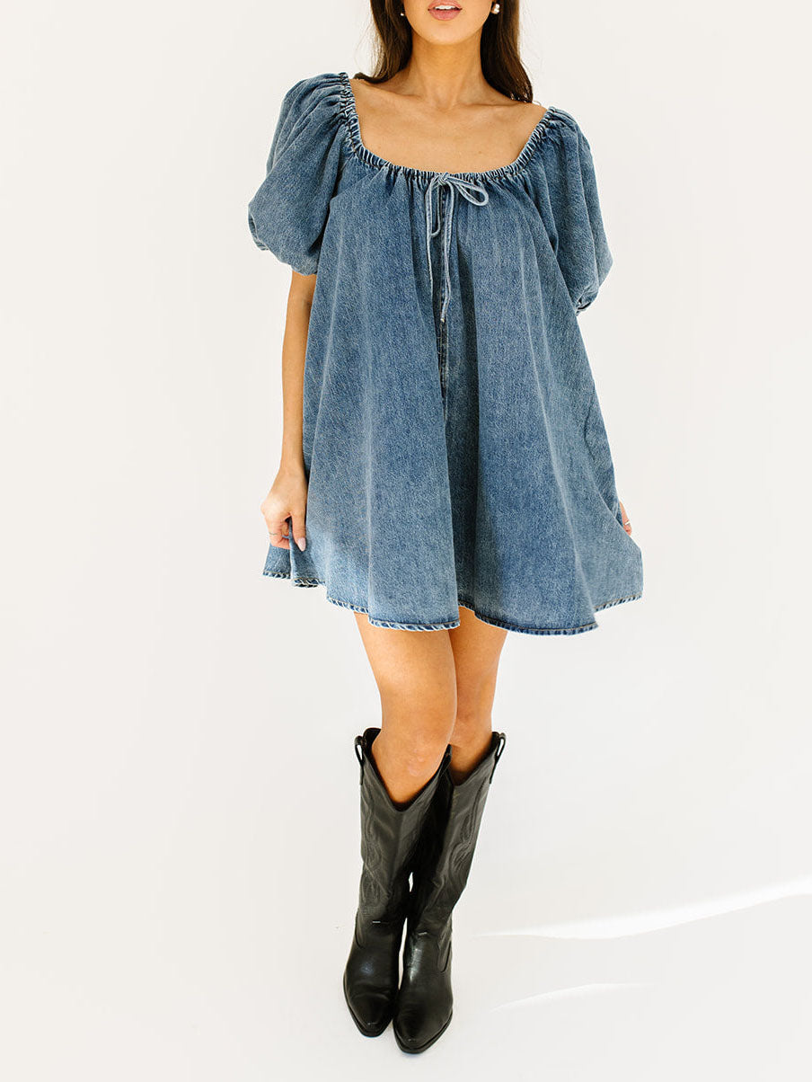 Ladies Summer Dress Fresh Denim Washed Puff Sleeve Large Swing Double Sided Bag Dress by Ragazza