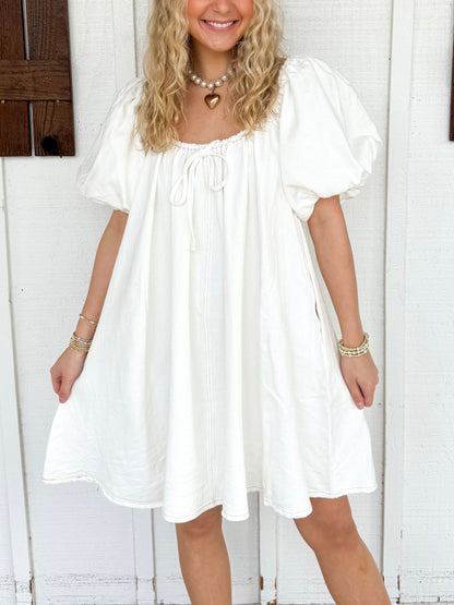 Ladies Summer Dress Fresh Denim Washed Puff Sleeve Large Swing Double Sided Bag Dress by Ragazza
