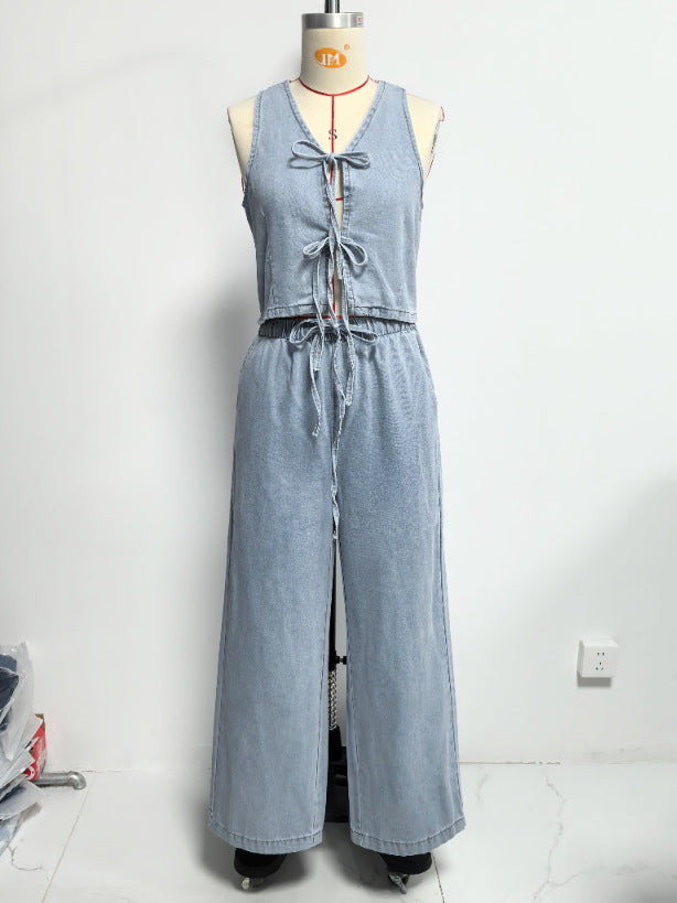 Women Spring Summer Sleeveless Lace up Vest Lace up Wide Leg Jeans Denim Set by Ragazza
